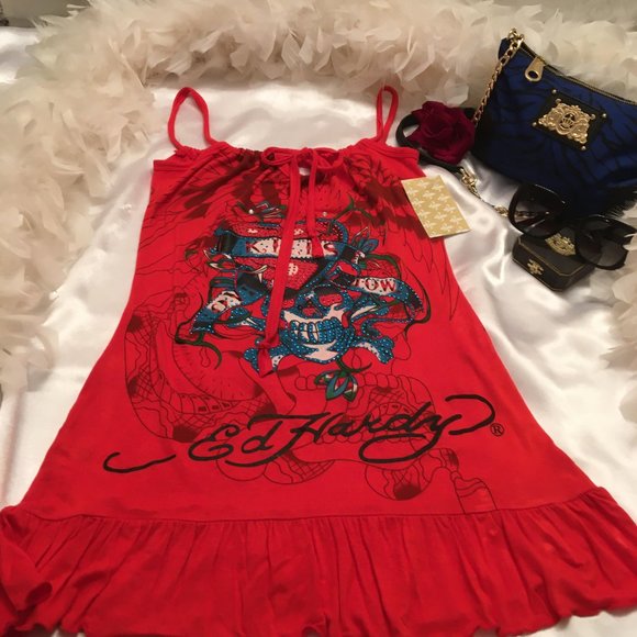 RARE FIND! gorgeous vintage brand new, Ed HARDY dress with graphics and crystals - Picture 13 of 15